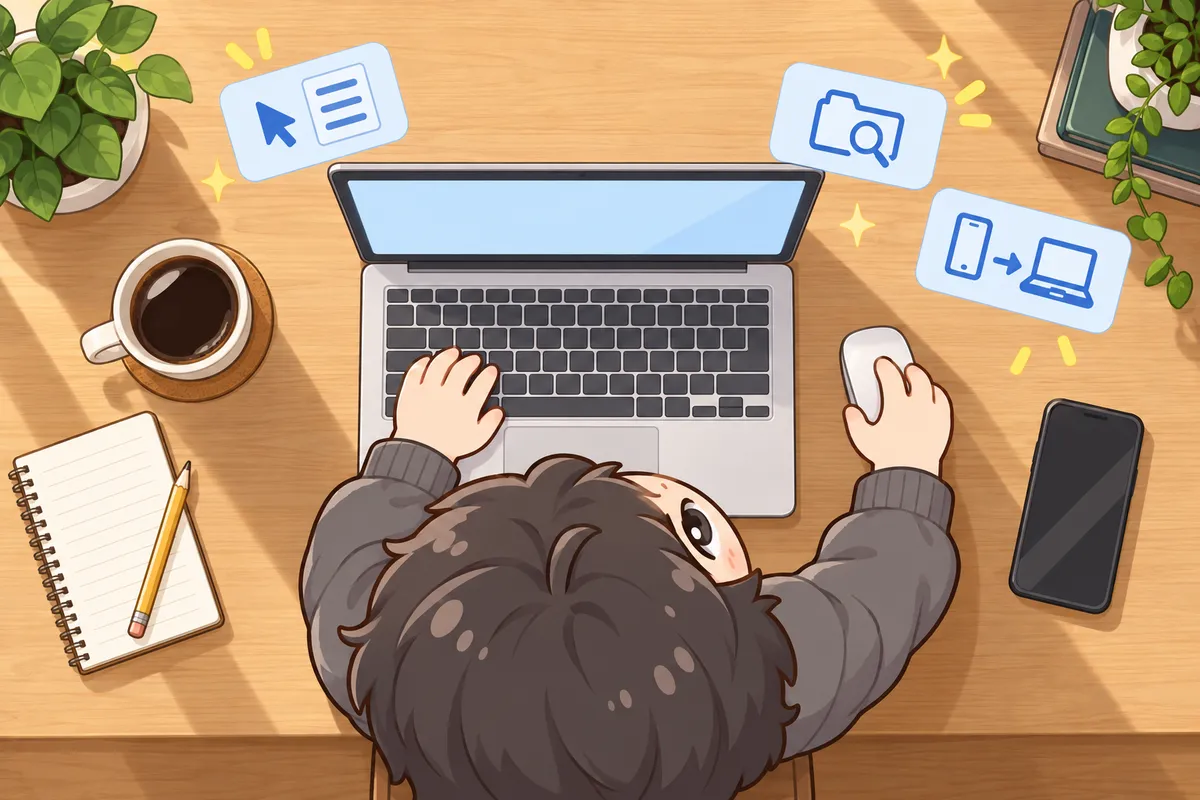 机を真上から見おろした一枚。ノートパソコンのキーボードとマウスに手を置くてつろーを頭の上から見ていて、まわりにコーヒーとノートとスマホ。右クリックのメニュー・フォルダと虫めがね・スマホからパソコンへ送る、3つの操作のアイコンが浮かぶ