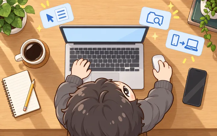 机を真上から見おろした一枚。ノートパソコンのキーボードとマウスに手を置くてつろーを頭の上から見ていて、まわりにコーヒーとノートとスマホ。右クリックのメニュー・フォルダと虫めがね・スマホからパソコンへ送る、3つの操作のアイコンが浮かぶ