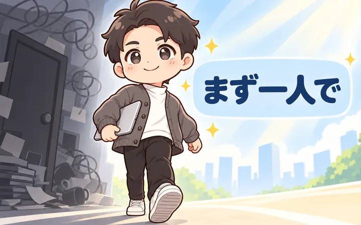 荷物が積み上がった暗い側から、明るい道へ一歩踏み出すてつろー。ノートパソコンを小脇に抱えて歩き、右側の淡い青のパネルに「まず一人で」の文字