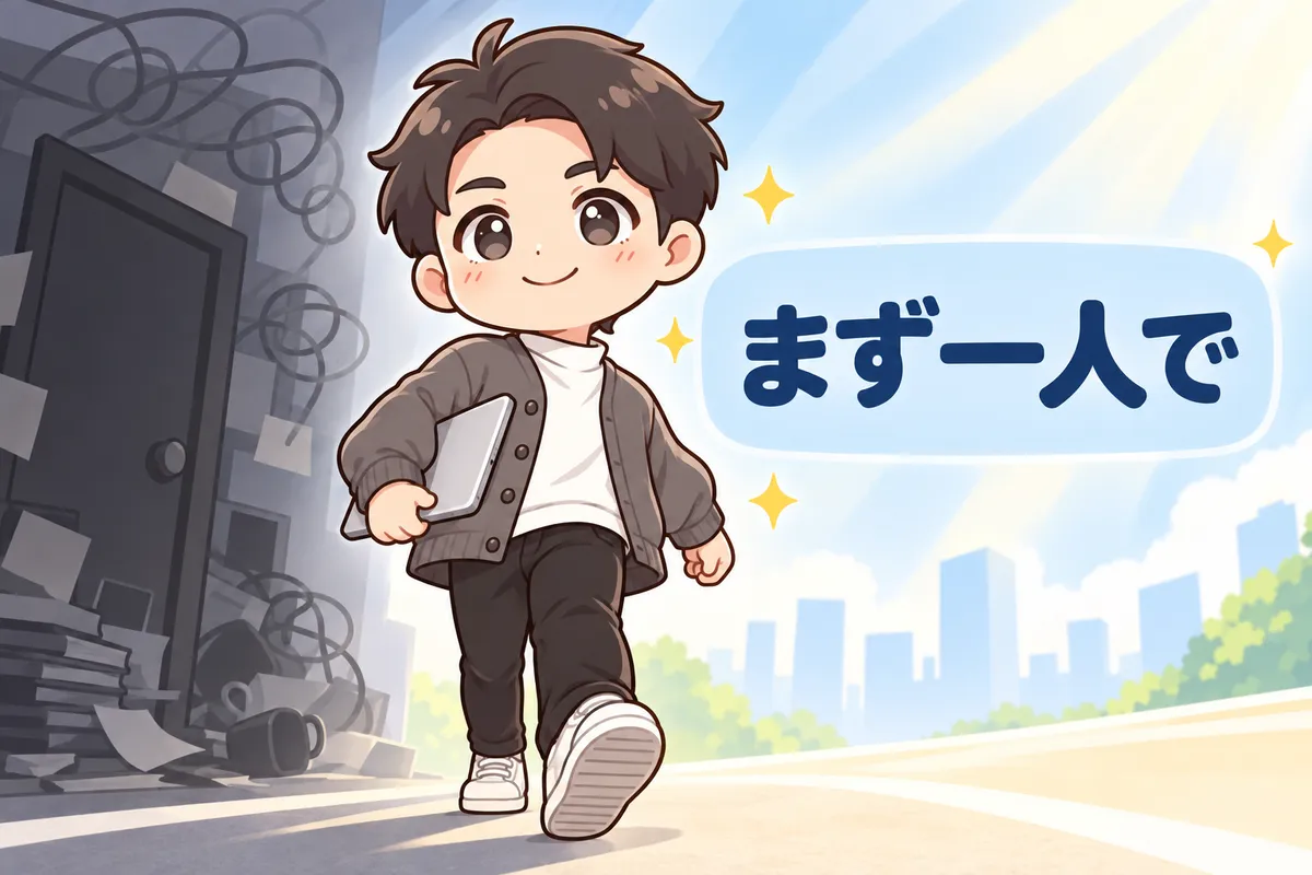 荷物が積み上がった暗い側から、明るい道へ一歩踏み出すてつろー。ノートパソコンを小脇に抱えて歩き、右側の淡い青のパネルに「まず一人で」の文字