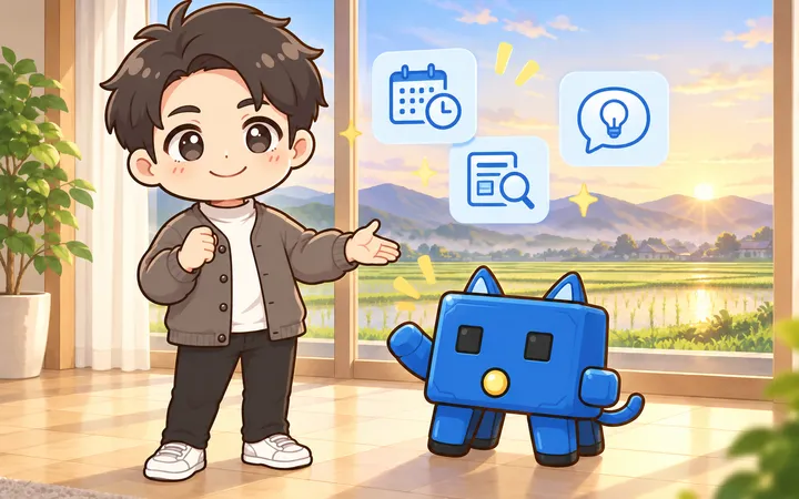 朝の光が差す窓辺で、猫耳のついた青い相棒ロボットに片手で仕事を渡すように話しかけるてつろー。窓の外には田んぼと遠くの山なみ。ふたりの間にカレンダーと時計・新聞と虫めがね・吹き出しと電球の3つのアイコンパネルが浮かぶ