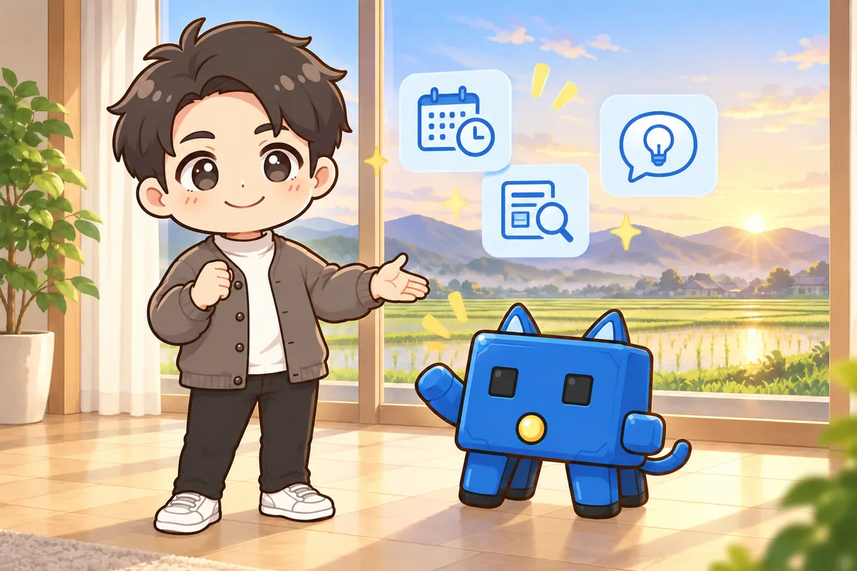 朝の光が差す窓辺で、猫耳のついた青い相棒ロボットに片手で仕事を渡すように話しかけるてつろー。窓の外には田んぼと遠くの山なみ。ふたりの間にカレンダーと時計・新聞と虫めがね・吹き出しと電球の3つのアイコンパネルが浮かぶ